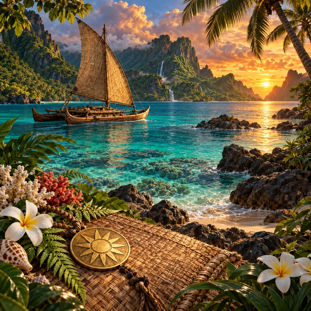 A sailing canoe on a tropical lagoon